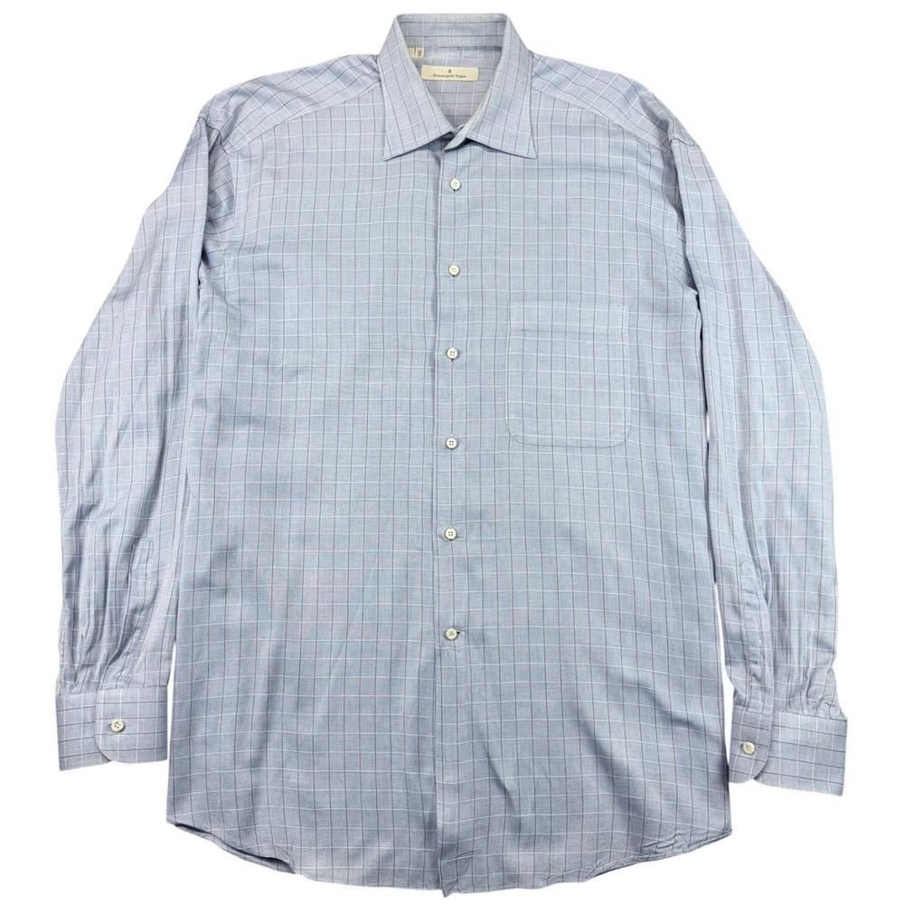 Ermenegildo Zegna Long Sleeve Dress Shirt Mens 16 Blue Brown Check Cotton